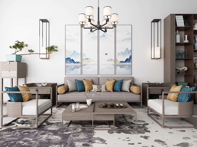 新中式沙发茶几吊灯地毯装饰画组合-室内设...