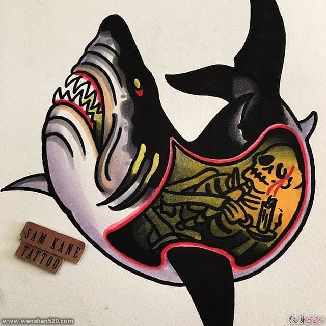 彩色的骨架骷髅头纹身和鲨鱼纹身手稿