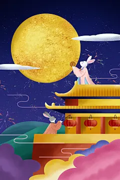 手绘风创意月兔夜景月亮国庆节插画