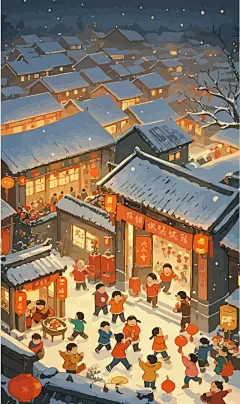 春节雪景街景庆春插画图形元素