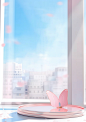 pink flower petals and butterfly in window, in the style of grandiose cityscape views, unreal engine 5, sky-blue and white, danish design, wavy resin sheets, polka dots, light-filled interiors