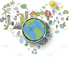 生态综合细线符号。现代色彩与手绘风格矢量概念，与地球仪