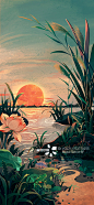 夏日湖边夕阳图片素材