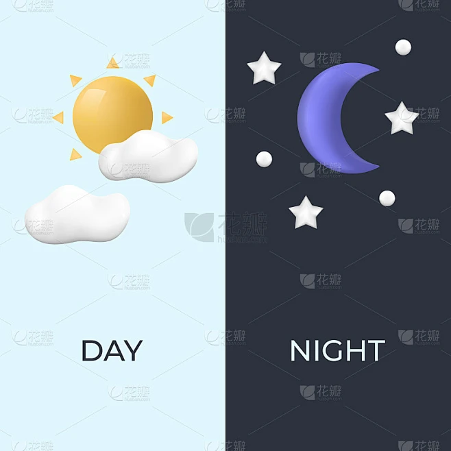 白天和黑夜。新潮的3d现实风格。太阳和云。月亮和星星。模板的用户界面，网页设计。矢量图图片_其他图片图片素材-花瓣网