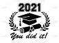 2021届毕业生。对学校毕业生的祝贺登记的概念。设计T恤衫，传单，邀请函，贺卡。说明，矢量