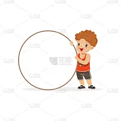 甜红发男孩字符站与白圈空留言板，孩子与标语牌向量插图