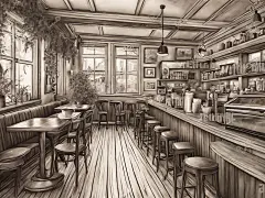 暖色调咖啡店铅笔画AI数字艺术
