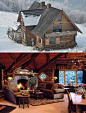 This may contain: two pictures side by side one has a log cabin and the other has a fireplace