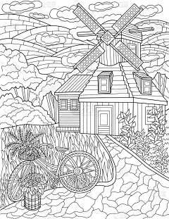 经典的风车农舍旁边有一辆山背景无色线条的自行车。农场里的老房子，被草色的书页环绕着.