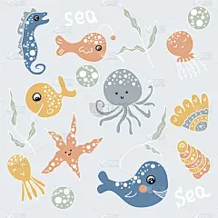 绘制海洋生物鱼类、章鱼、水母、海星、鲸鱼、藻类。卡通风格。手绘矢量插图。设计t恤，纺织品和印花。