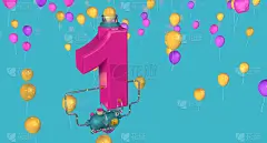 1号漂浮在空中，通过玻璃管与压缩机连接，排出蓝色背景下黄色、红色和紫色的气球。三维演示