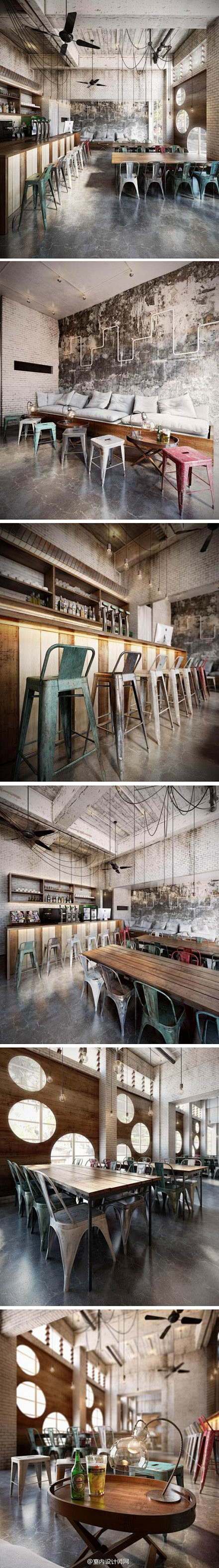 斑驳古旧的咖啡厅，工业元素的彩色尖脚凳很...