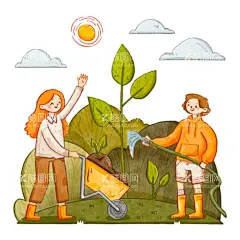 手绘水彩风格植树的男孩和女孩  - 源文件下载【酷图网】植树节,男孩女孩,爱护环境,保护地球,爱劳动,手绘,水彩风格,卡通人物,