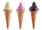 Assorted flavored ice cream cones with  vanilla, strawberry and chocolate tastes