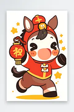 灯笼鞭炮2026年扁平化简笔画马年新插画