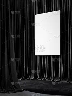 黑色的窗帘、海报和地毯。3d渲染插图模型。