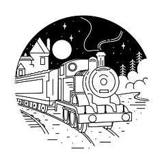 夜色火车与月光下的乡村风景插画