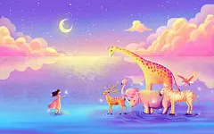 唯美世界动物日插画手绘动物与人背景长颈鹿河马麋鹿斑马人与自然