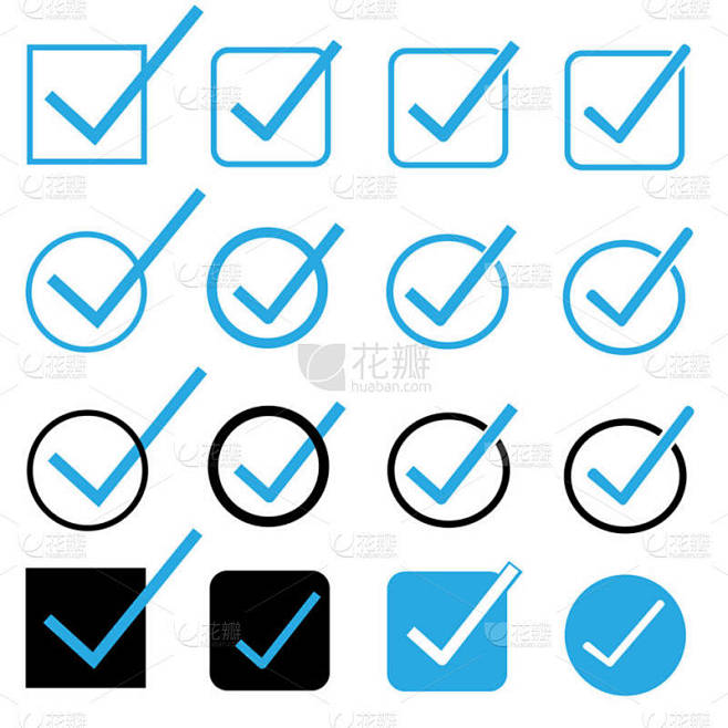 白色背景上的蓝色勾选框。勾号。检查标记符号。扁平风格.