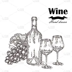 葡萄,酒瓶,两个物体,玻璃杯,白色,图像,矢量,雕刻图像,彩色图片,复古