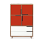 Modern Walnut Square Bedside Table with 4 Red Doors and 2 White Drawers Blue Dot 31.5w x 18"d x 49.75h: 