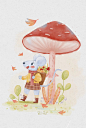 原创水彩儿童插画小场景—蘑菇下的小老鼠