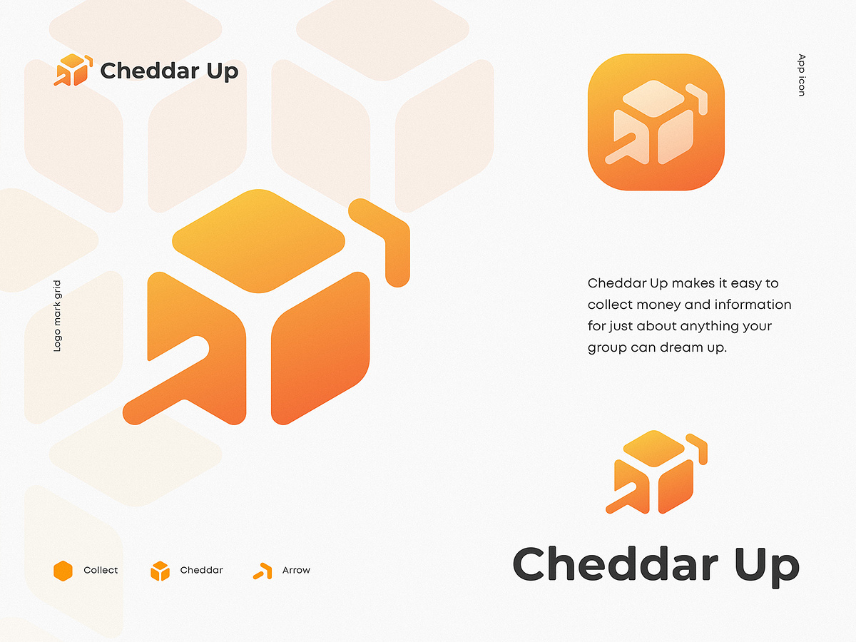 Cheddar Up Logo and Identity Design app arrow branding cash cheese cube  finance gradient group icon identity logo money pattern payment send  transfer