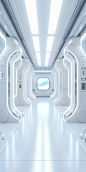 An futuristic looking, high tech corridor 3d render, in the style of futuristic, sci-fi elements, white, back button focus, futuristic spacecraft design, restrained palette, futuristic victorian, studio light