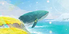 唯美梦幻手绘夏日夏天海岸鲸鱼风景插画素材