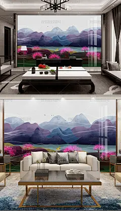 手绘桃花山色意境新中式山水麋鹿客厅背景墙装饰画