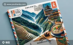 广西特色：龙脊梯田邮票，螺蛳粉图案，及黄姚古镇邮戳 - 邮政编码530300