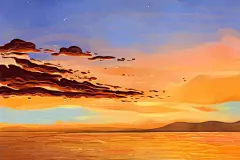 水彩风格海面落日自然风景插画背景