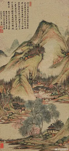  江上人家桃树枝，春寒细雨出疏篱。   清 王鉴 仿惠崇笔意图轴 ​​​