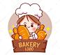 Chef woman bakery logo food and restaurant hand drawn cartoon art illustration Premium Vector
