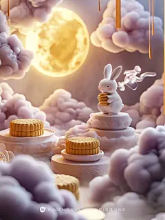 【ai宇宙吧】中秋节月饼兔子团圆海报设计唯美背景图Midjourney描述关键词咒语：