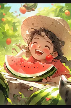 AI数字艺术夏季吃西瓜卡通插画-众图网