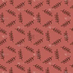 无缝图案手绘黑色树枝与树叶红砖红色背景，墙纸包装纺织品设计