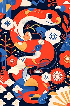 扁平风蛇年撞色色块插画