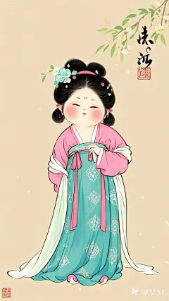 全景,水墨插画,极简主义，胖改的唐代可爱微胖美少女插画,粉色上衣，青色春天裙子，现代人物与古风工笔画结合，画风细腻成熟，独特的“大脸”风格，识别度高，人物讨喜又不失韵味，可爱的Q版唐代风俗画，干净纯色