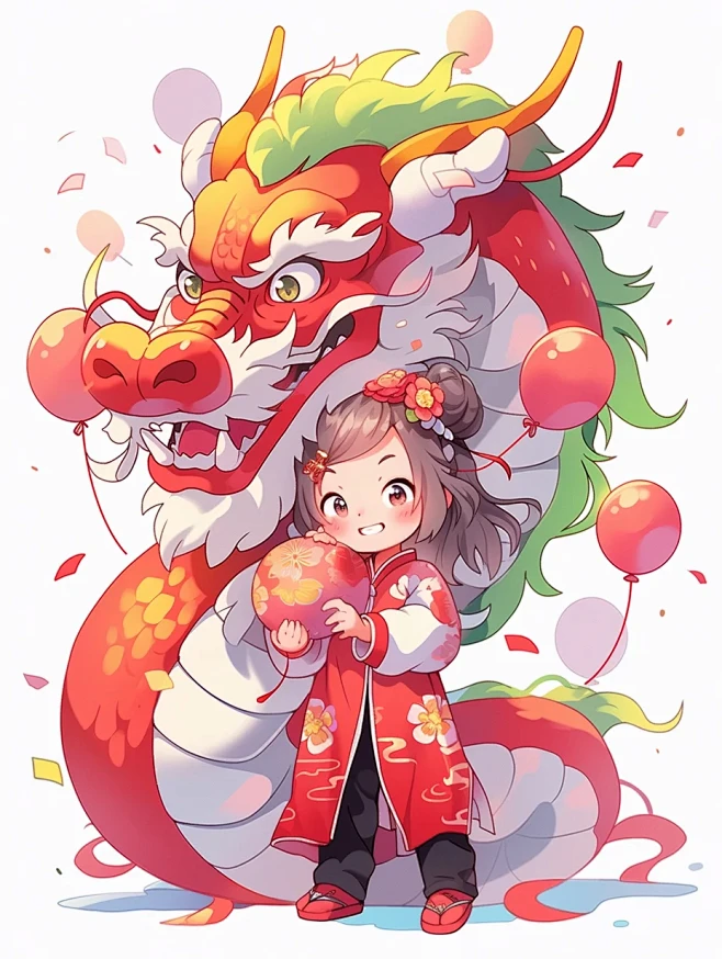 2024国风龙年插画／可爱女孩和龙／龙IP图片_插画参考图片素材-花瓣网
