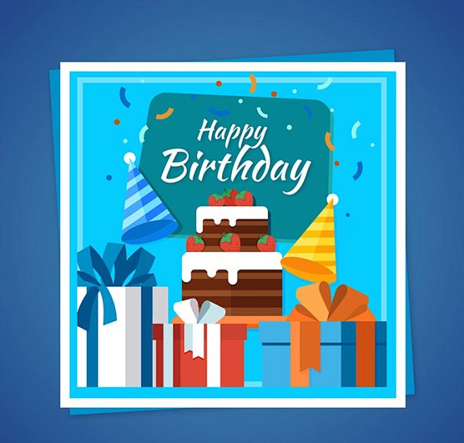 彩色礼盒和生日蛋糕祝福卡矢量图