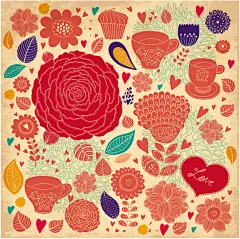 绚丽花朵背景矢量素材，素材格式：AI，素材关键词：背景,花卉,花纹,花朵,爱心,蛋糕,树叶,手绘,漫画,茶杯,花卉背景