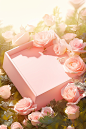 a pink box surrounded by white roses, in the style of nature-inspired imagery, smooth surfaces, sun-kissed palettes, realistic trompe-l'oeil, uhd image, spatial, flat form