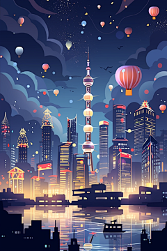 黑夜星空建筑漫画扁平风插画