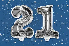 银箔气球号码，数字21在蓝色背景上有亮片。生日贺卡