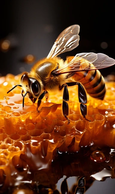 Close up, Translucent Glistening Honeycomb with a Honey Bee, wet, dew ...