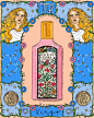 A detailed illustration shows a pink bottle of Flora Gorgeous Gardenia framed by Aster flowers on a mixed blue background. On either side, appears a portrait of a woman with flowing blonde locks and beneath it the Virgo constellation sign and a coin. At t
