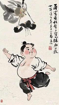 全景,水墨插画,极简主义，胖改唐代男士插画,男士表演杂技,现代人物与古风工笔画结合，画风细腻成熟，独特的风格，识别度高，人物讨喜又不失韵味，可爱的古代Q版风俗画图