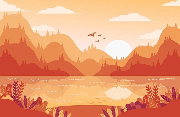 湖边风景森林落日插画矢量图设计素材