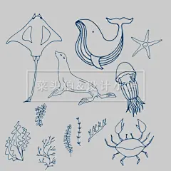 130个海洋生物鱼虾蟹海豹鲸鱼海马海藻简笔画AI海报设计矢量素材-淘宝网